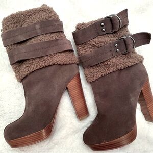 Naughty Monkey Chunky Heel Sherpa Skirt Mid Calf Boot size 6